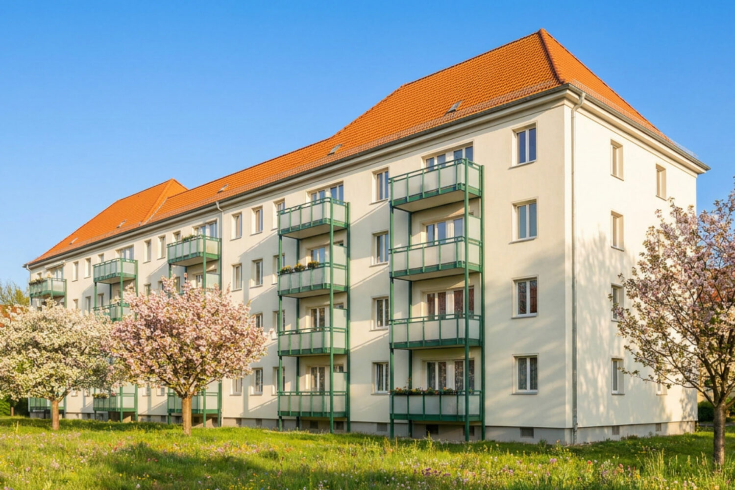 Viergeschossiges Wohnhaus mit hellem Putz, roten Ziegelsatteldach, mehreren verglasten Wintergarten-Balkonen mit grünen Elementen, davor eine große Rasenfläche mit blühenden Gänseblümchen und vereinzelten Bäumen, blauer Himmel mit lockeren Wolken im Hintergrund.